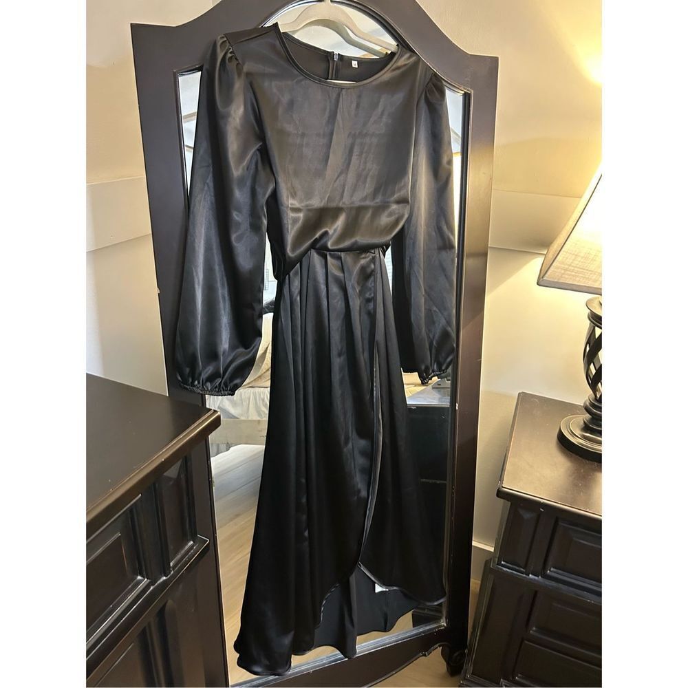 NEW BLACK Satin Long Sleeve Maxi Dress Formal Tie Wrap Skirt M